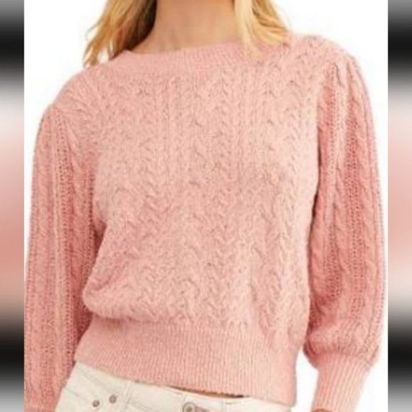 Free People Cable Knit Pink Sweater XL slight puff 3/4 sleeves - Picture 1 of 16